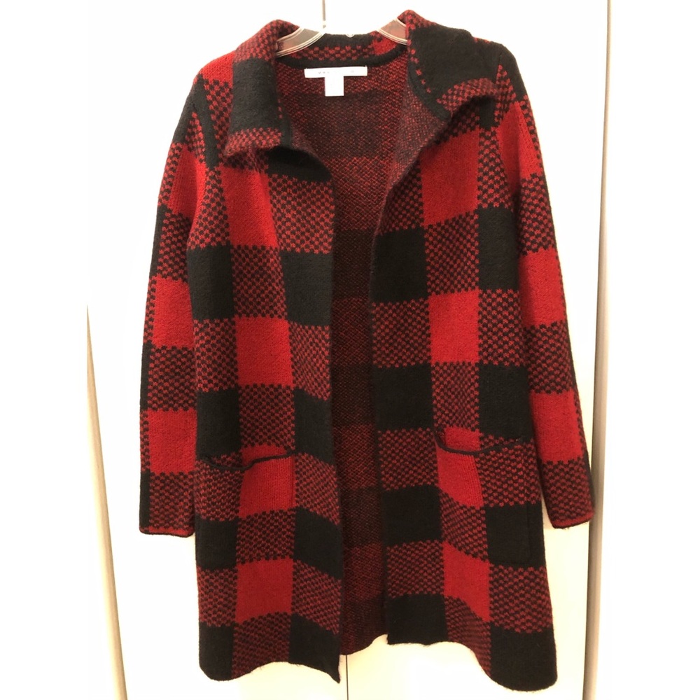 Max Studio Red/Black Buffalo Plaid Cardigan Medium